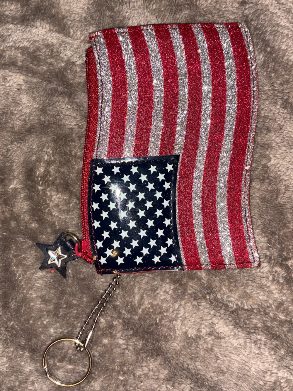 Rolfs Leather Red, Silver & Blue Glitter Flag Coin Purse Keychain